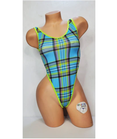 Sky Blue with Neon Green Plaid with Neon Green Trim 1 Piece Bodysuit Size SMALL