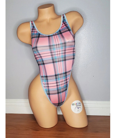 Baby Blue w/ Baby Pink Plaid Pattern with Baby Blue Trim 1 Piece Bodysuit Size SMALL