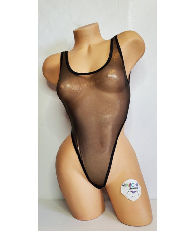 Black with Gold Shimmer Mesh with Black Trim ***VERY SHEER*** 1 Piece Bodysuit Size SMALL