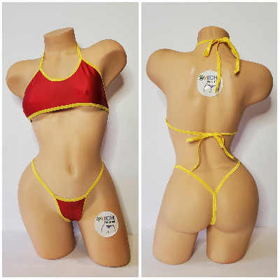 Red with Yellow Trim Custom Logo Option Halter Top Y Back Thong Bottom 2 Piece Micro Bikini Set