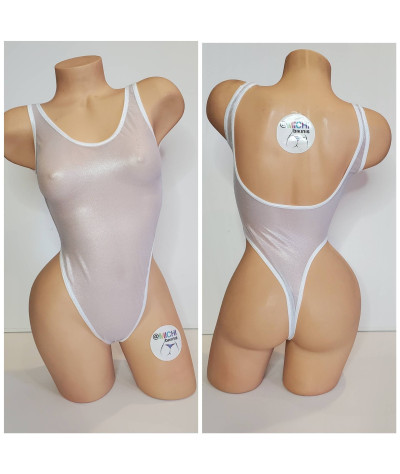 White with Silver Shimmer Mesh with White Trim ***VERY SHEER*** 1 Piece Bodysuit Size SMALL