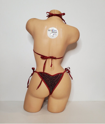 Glittery Dark Red w/ Rhinestone Details w/ Dark Red Trim 2 Piece Micro String Bikini Set One